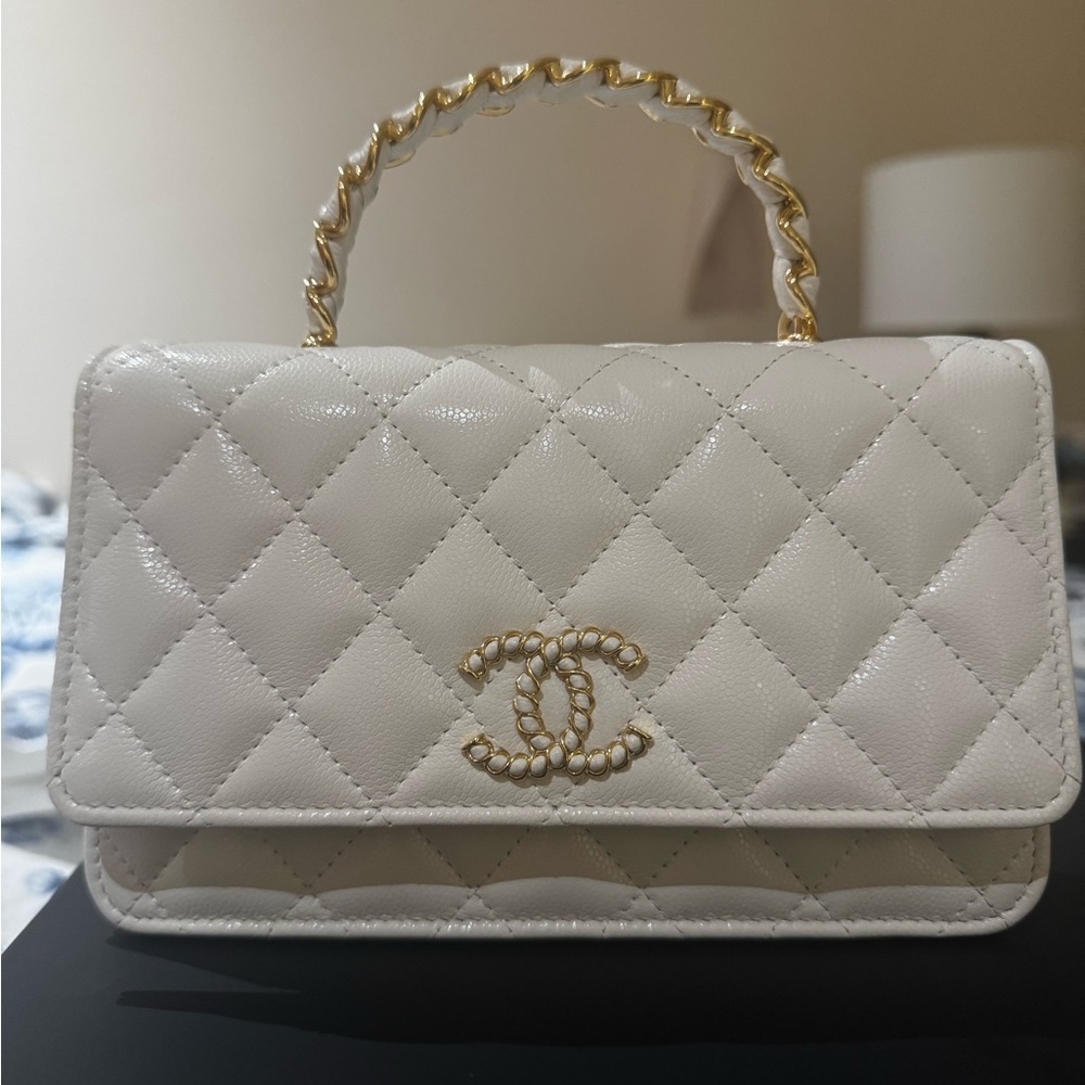 Chanel White Quilted Wallet on Chain Bag with Gold Details